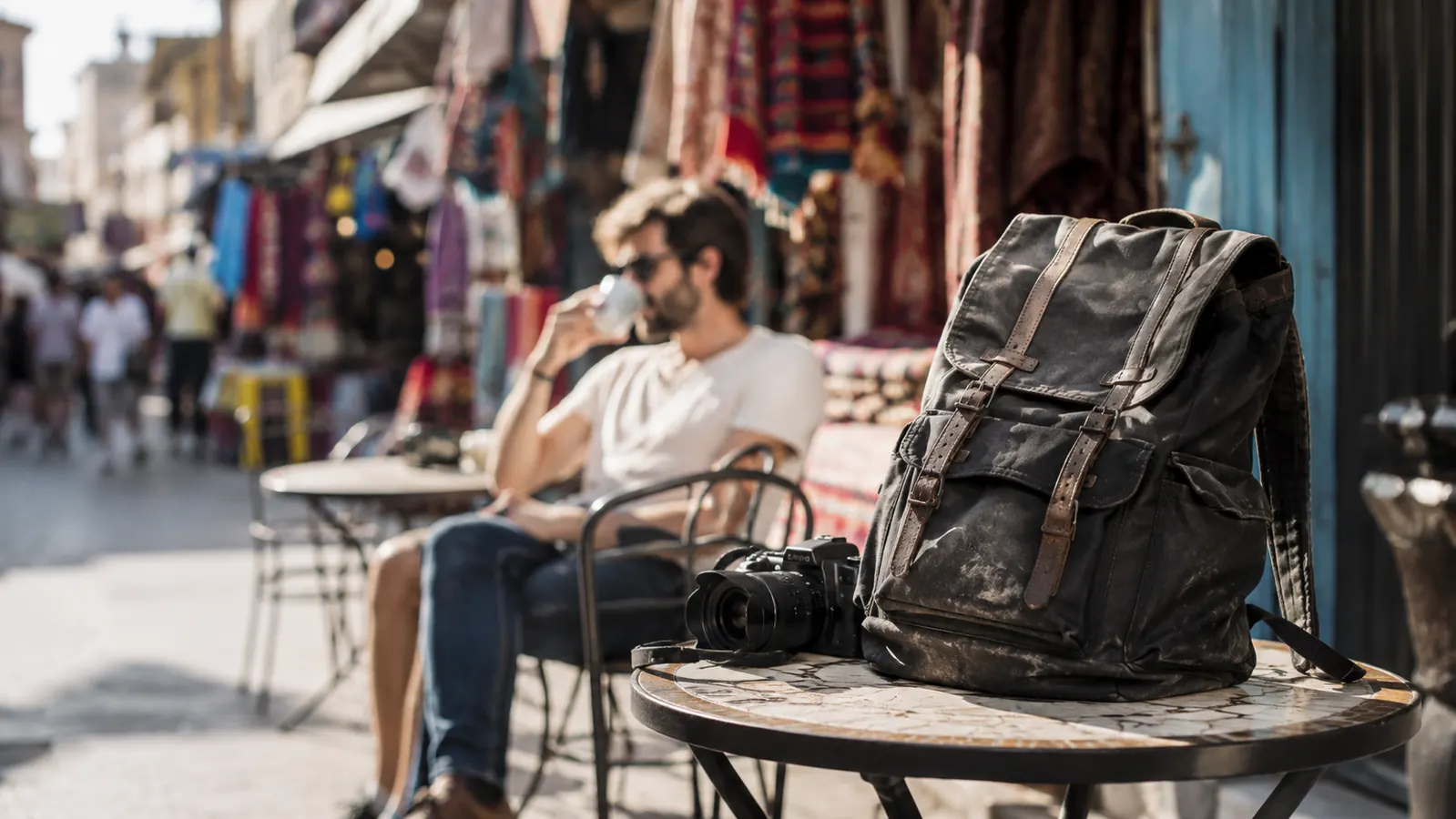 Anti-theft backpack sitting on a caf table in a busy outdoor market, owner seated and relaxed nearby