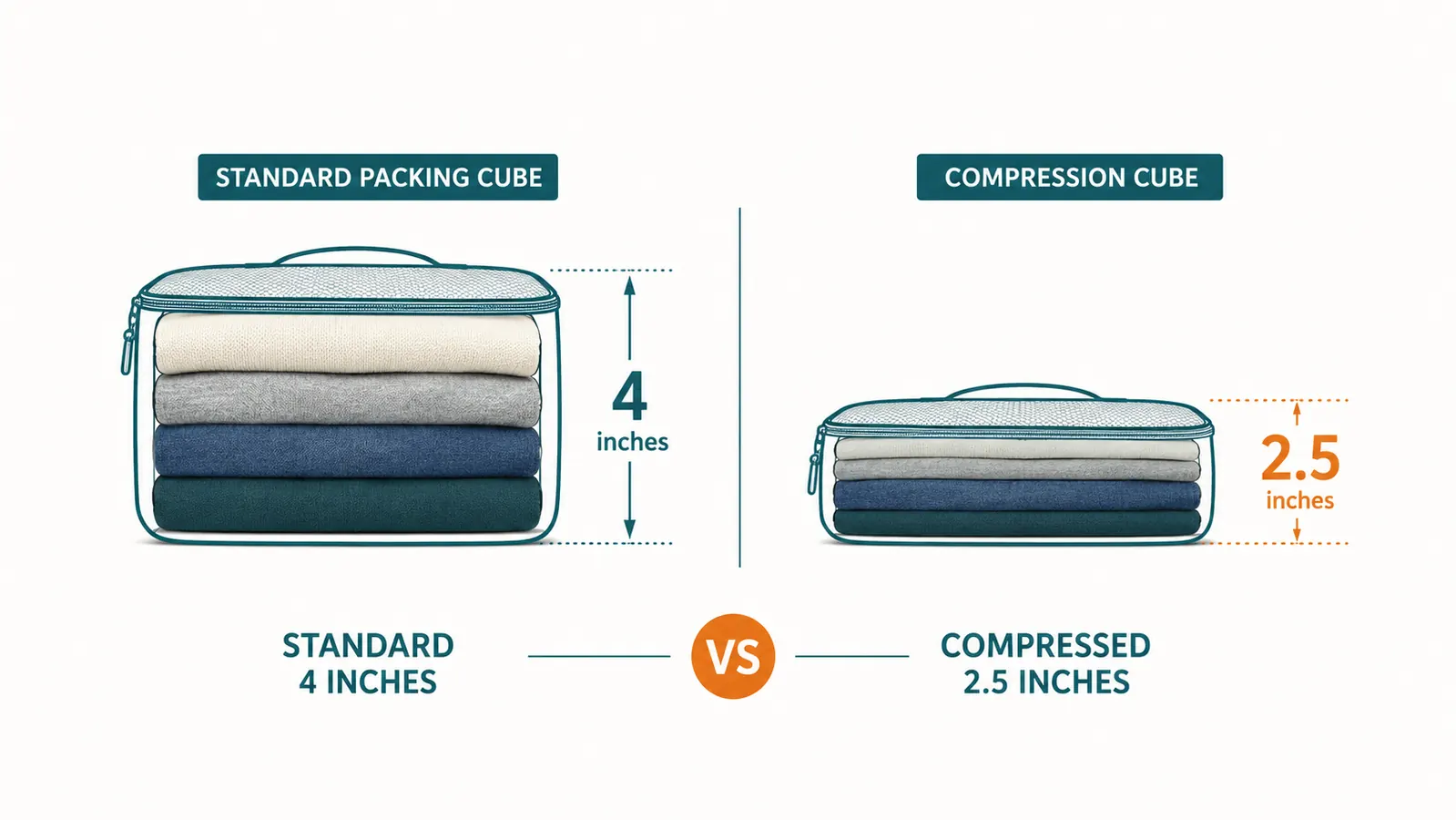 Side-by-side diagram comparing a standard packing cube and a BAGAIL compression cube holding the same clothes, compression cube noticeably thinner