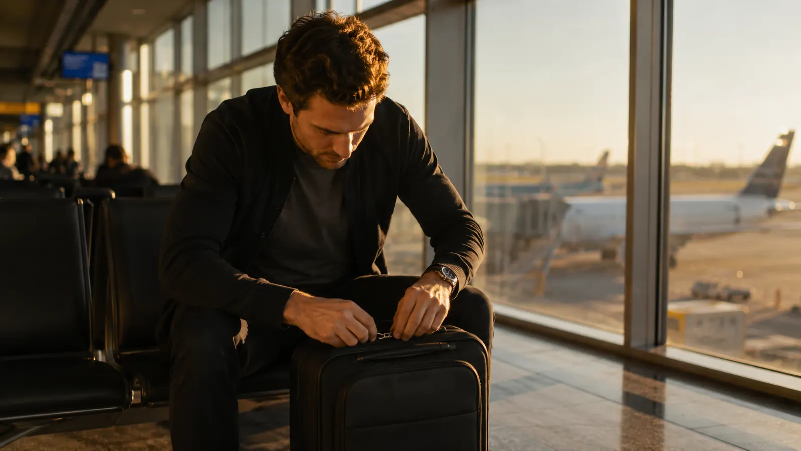 Traveler zipping closed a carry-on suitcase at an airport departure gate, plane visible through the window behind them