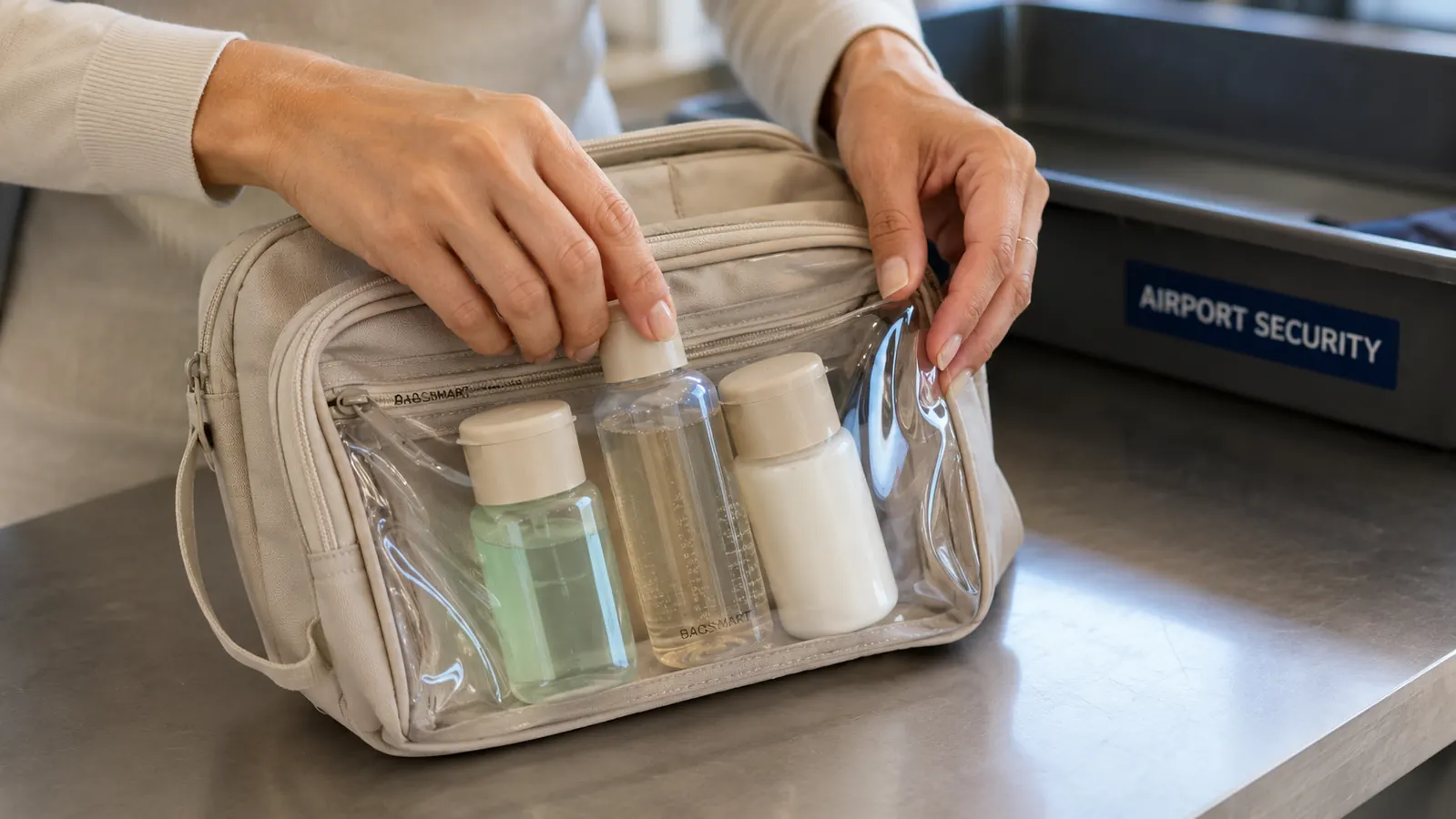 Hands placing travel-size shampoo, conditioner, and face wash bottles into the BAGSMART toiletry bag clear TSA window pocket