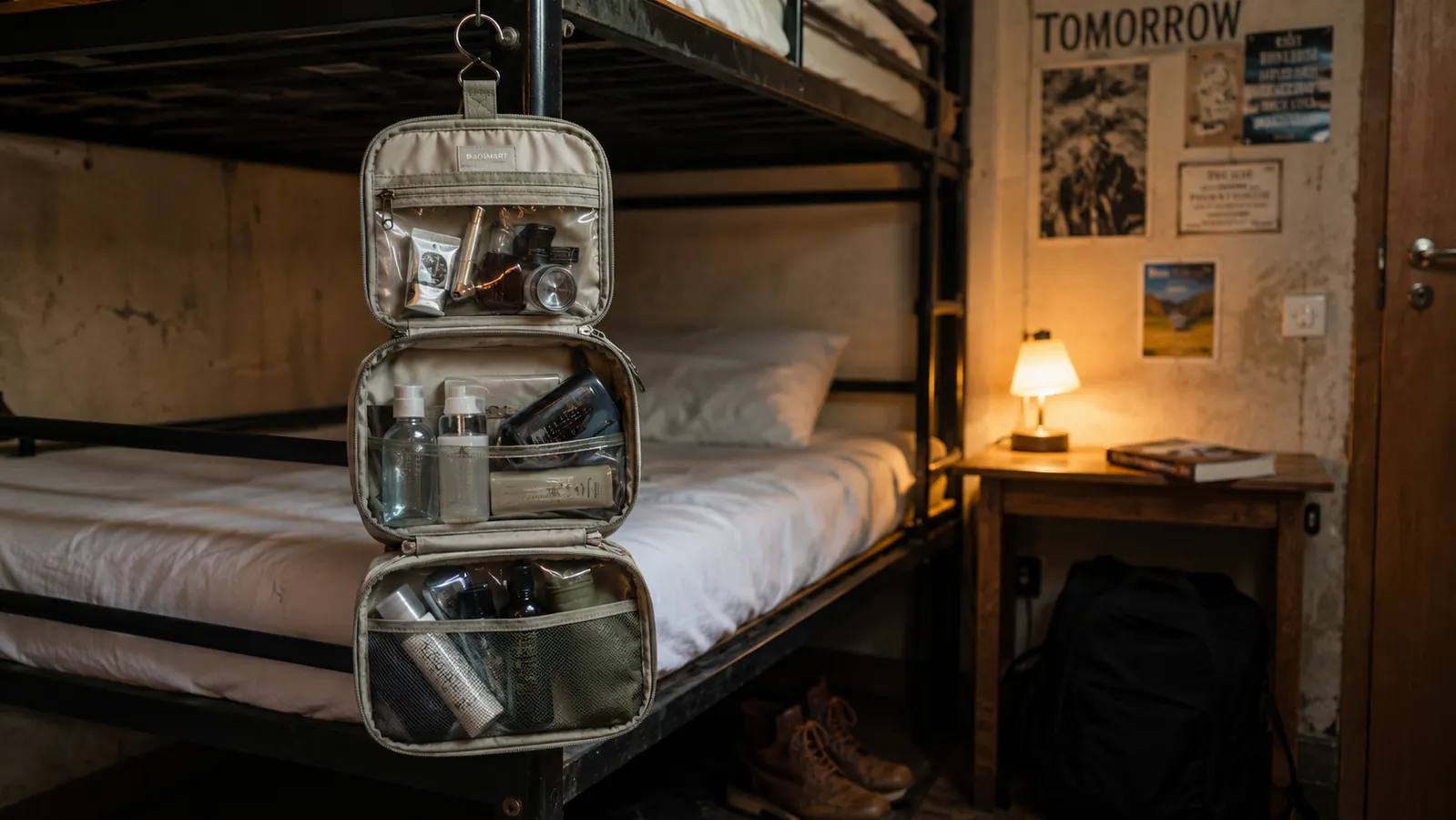 BAGSMART hanging toiletry bag unfolded and hanging from a hostel bunk bed post showing all compartments in use