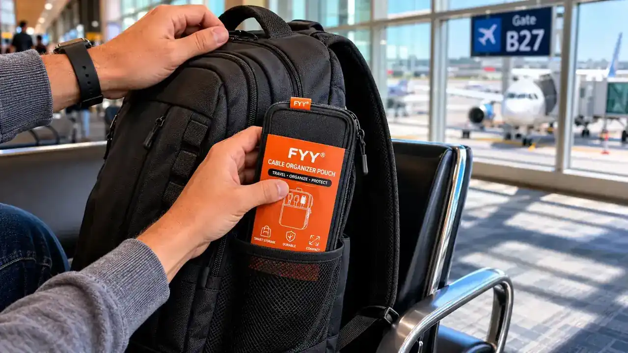 FYY cable organizer pouch tucked into the side pocket of a carry-on backpack at an airport gate