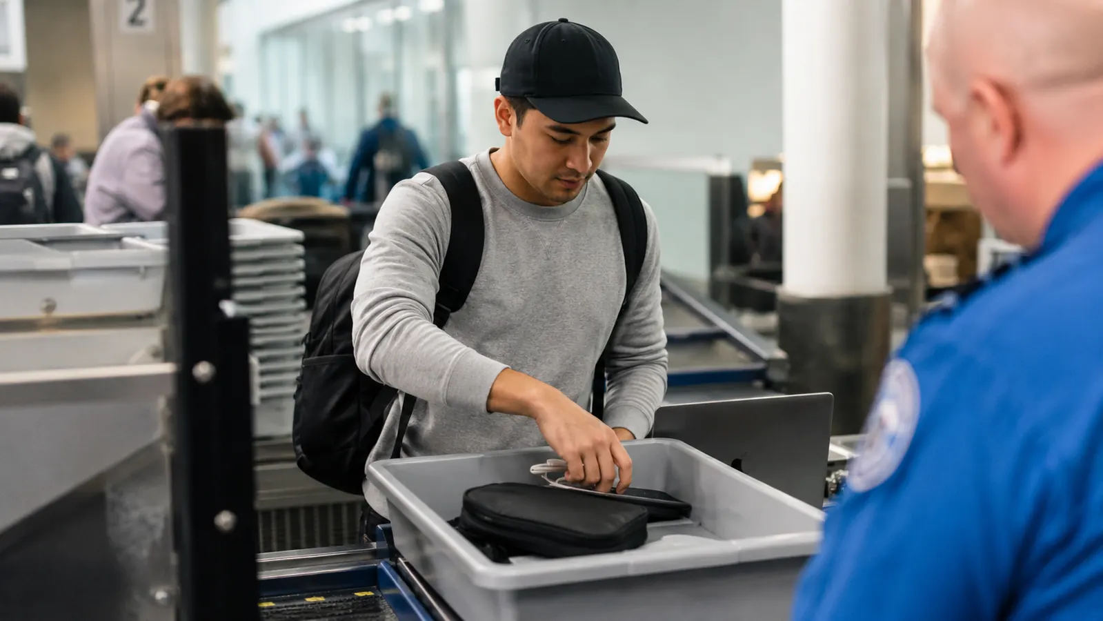 Traveler at airport security tray placing a slim cable organizer pouch alongside a laptop, no delay visible