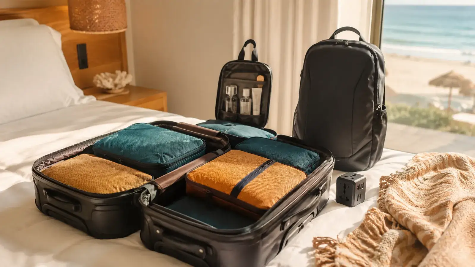 A seasoned traveler organizing a neatly packed carry-on bag with packing cubes on a hotel bed in warm morning light