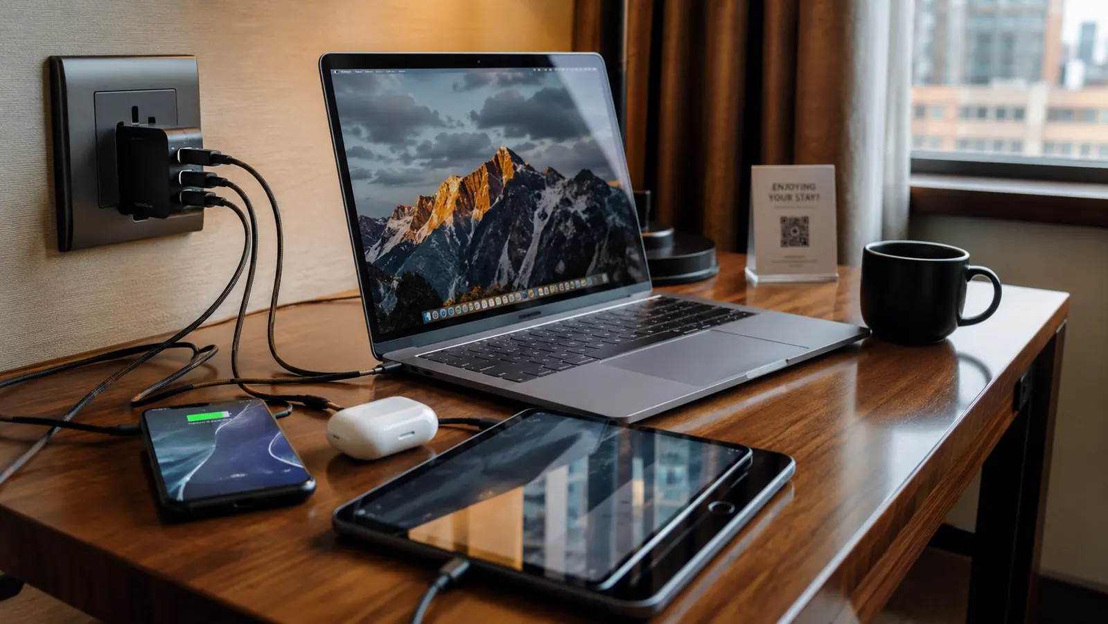 A laptop, phone, tablet, and earbuds all plugged into a single travel adapter on a desk in a bright hotel room