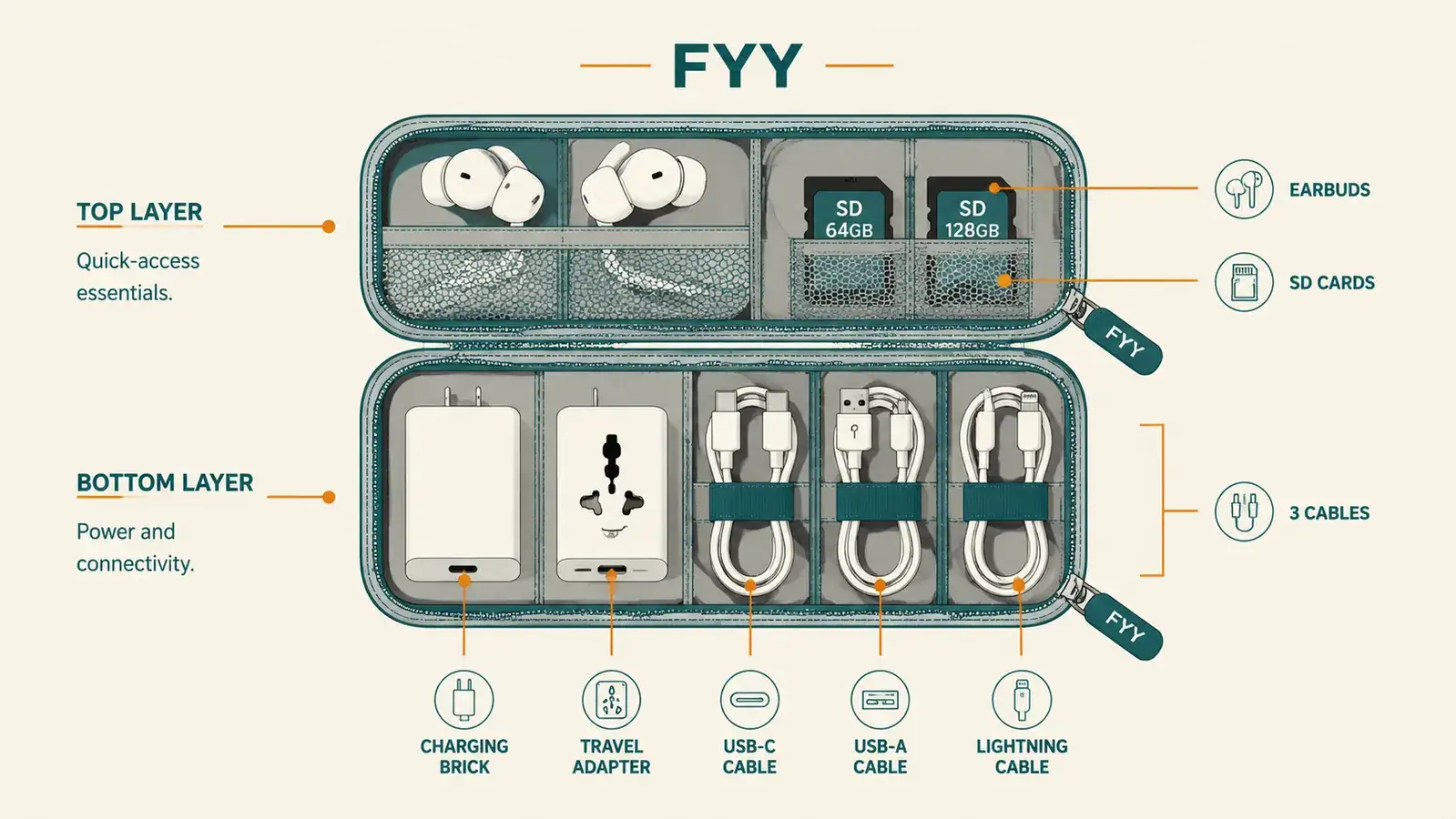 Chart showing how many items fit in each layer of a double-layer cable pouch, with labeled slots for earbuds, charger, cables, and adapter