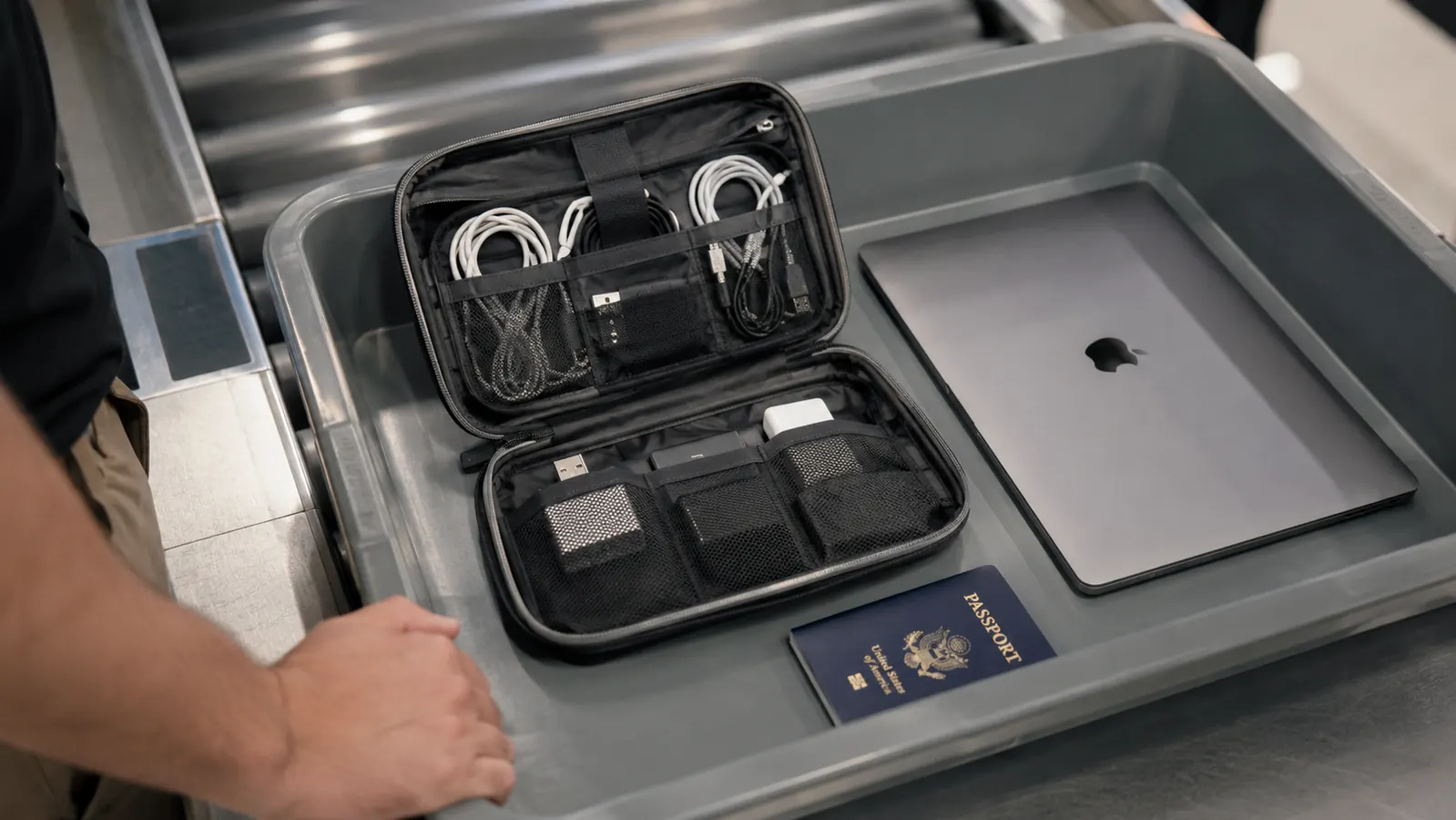 Open cable organizer pouch resting on an airport security tray next to a laptop and passport
