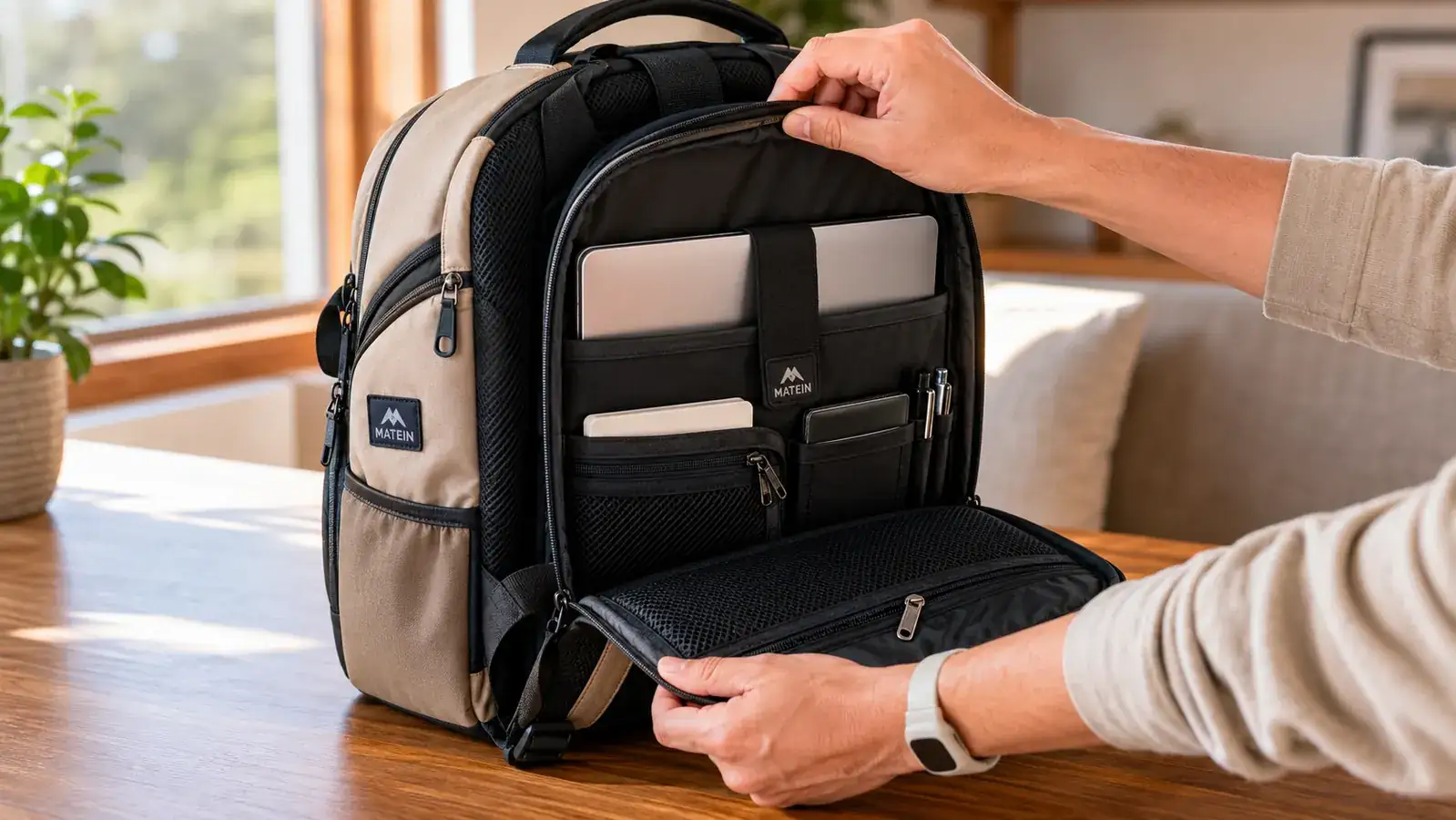 MATEIN anti-theft backpack open on a table showing the dedicated laptop sleeve and organized interior compartments