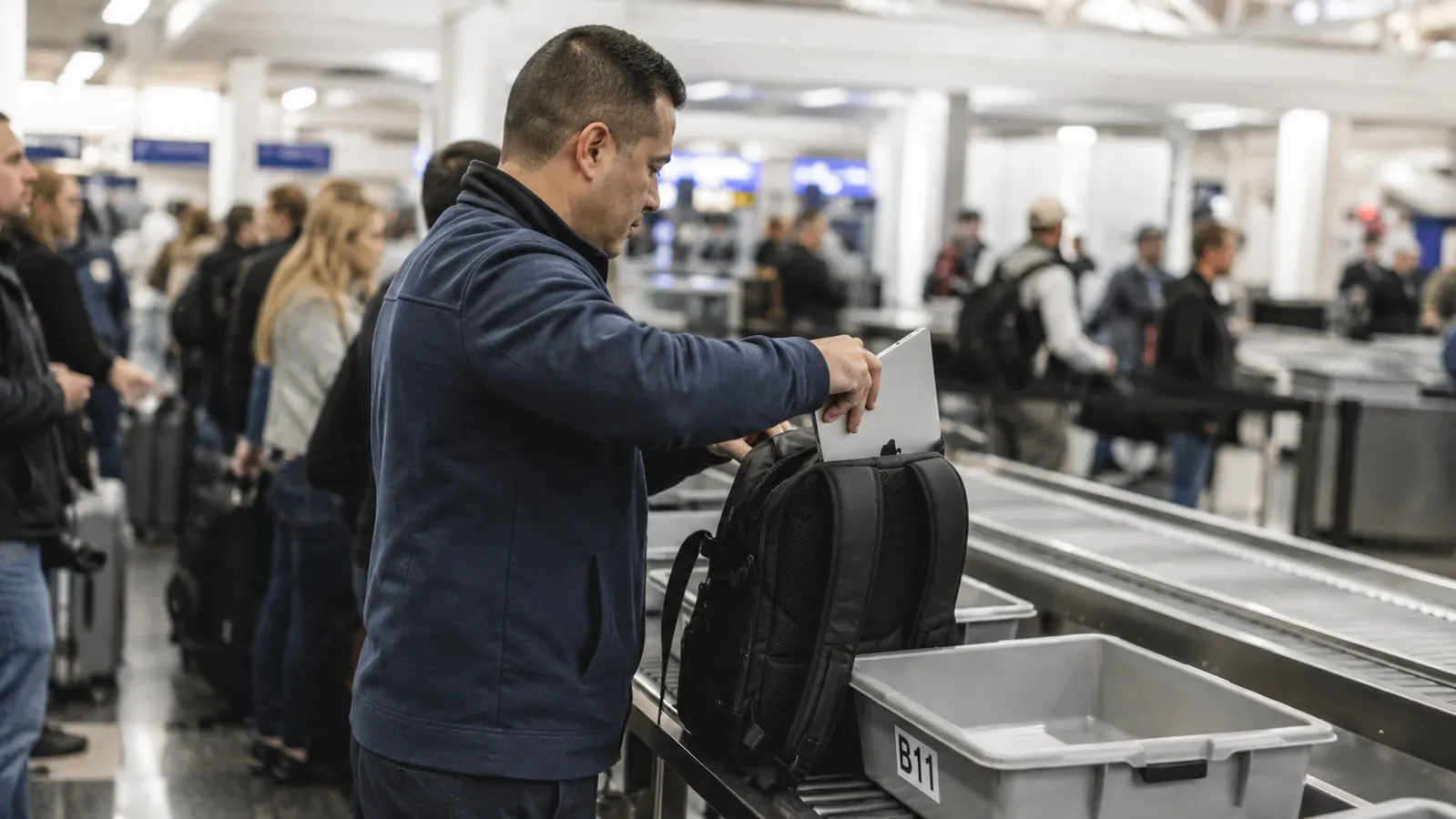 Person sliding a laptop out of a backpack sleeve at an airport security bin without removing other items