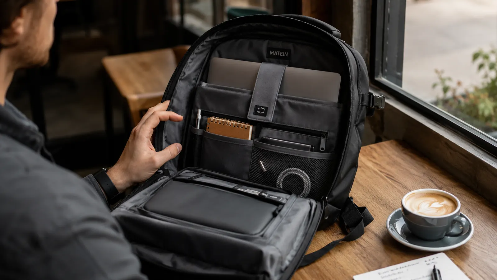 A laptop safely tucked in a padded compartment of a travel backpack at a cafe table