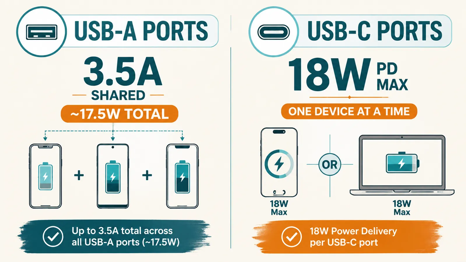 Diagram comparing USB-A 3.5A shared output vs USB-C 18W PD fast-charge output on a single travel adapter