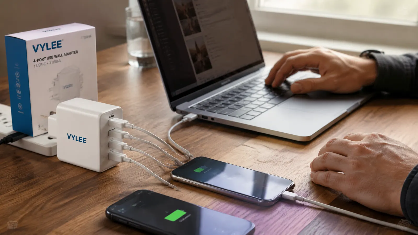 VYLEE travel adapter with a USB-C cable and two USB-A cables connected, all four ports in use on a desk
