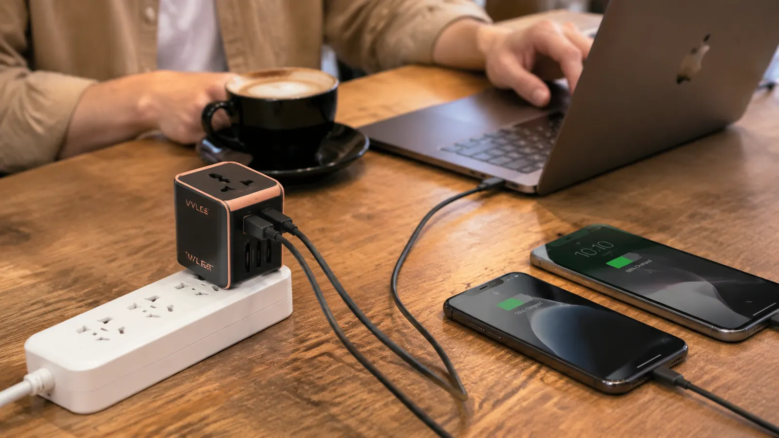 VYLEE adapter powering a laptop and two phones simultaneously through its USB ports on a cafe table in Southeast Asia