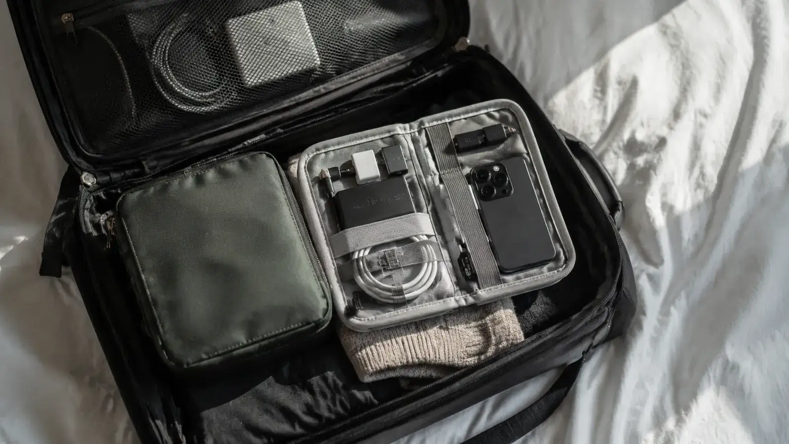 Traveler packing the VYLEE adapter into a small travel cable pouch alongside charging cables